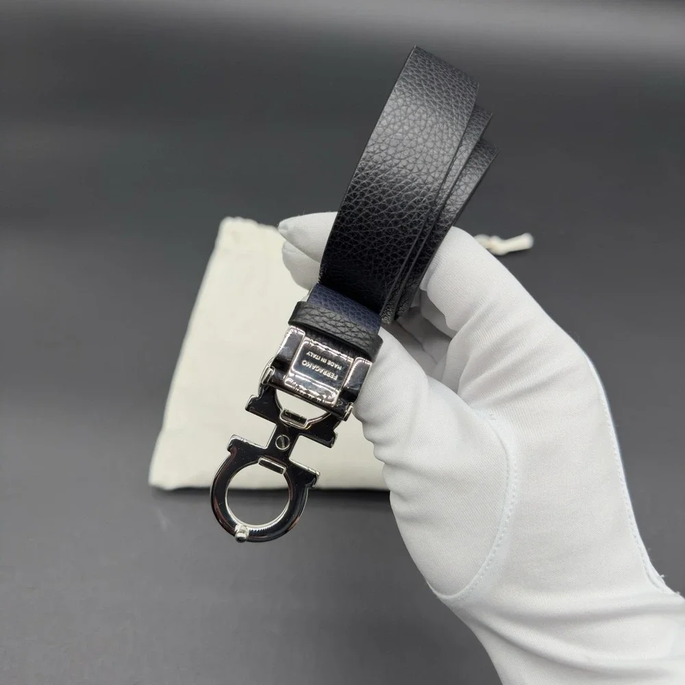 Salvatore Ferragamo Reversible Leather Belt Gancini Buckle Black Navy 35.5